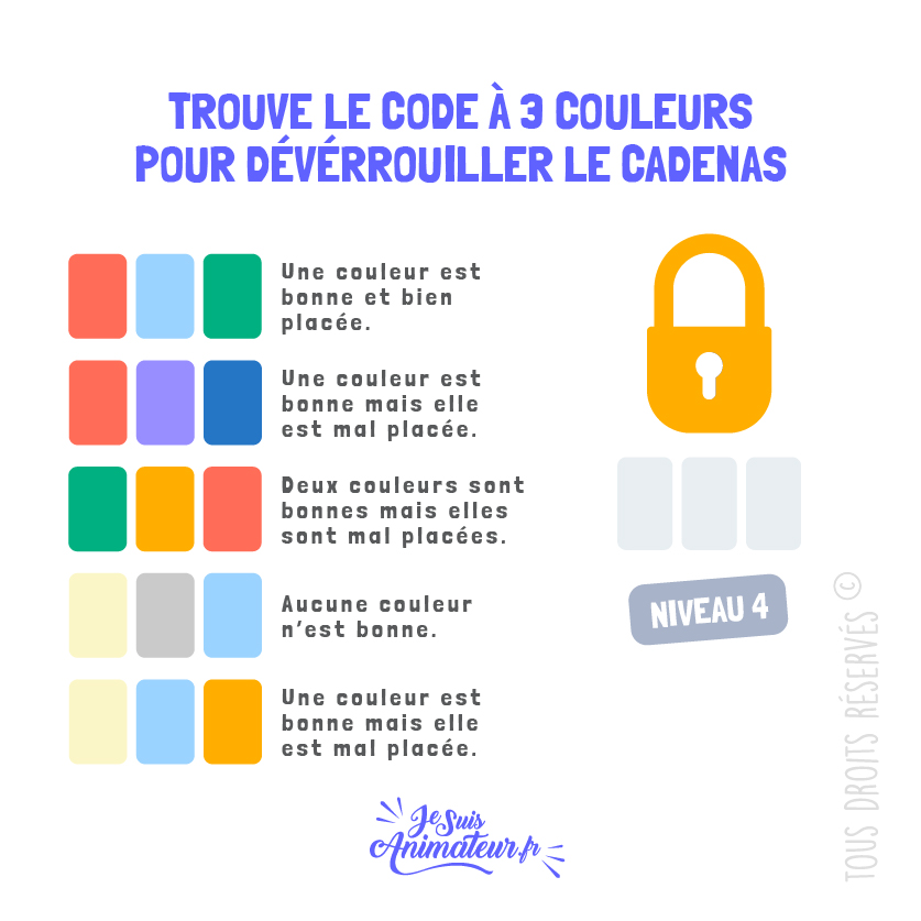 Énigme cadenas 3 couleurs avec solution - niveau 4