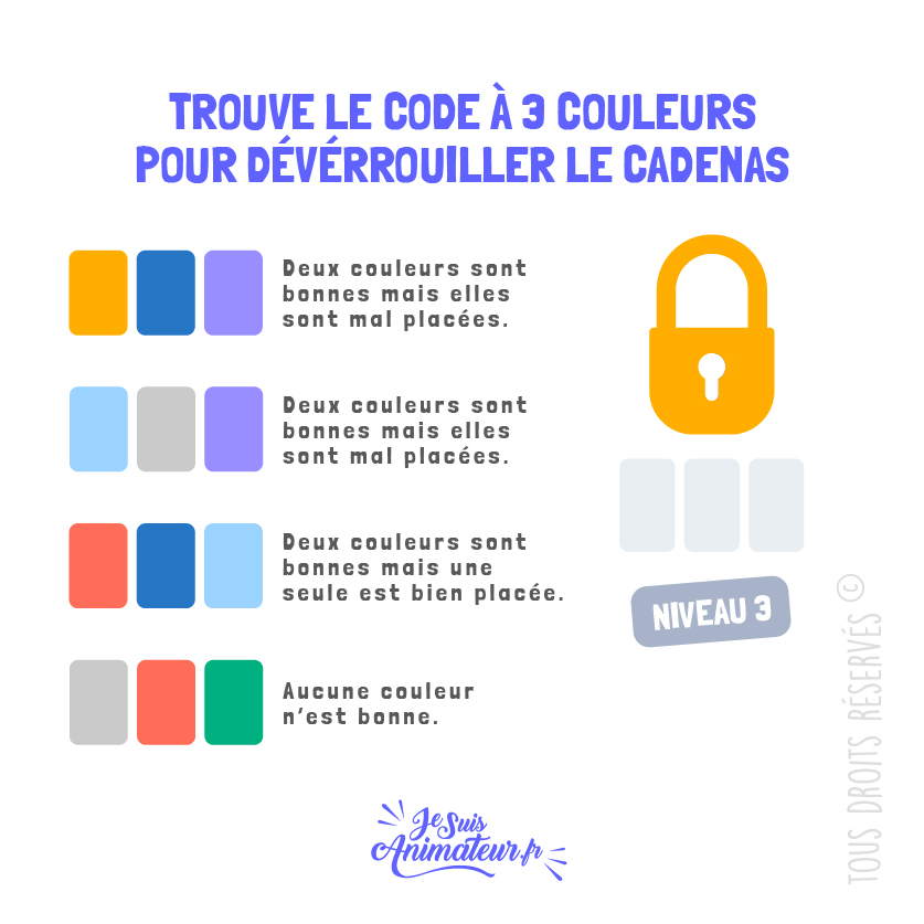 Énigme cadenas 3 couleurs avec solution - niveau 3