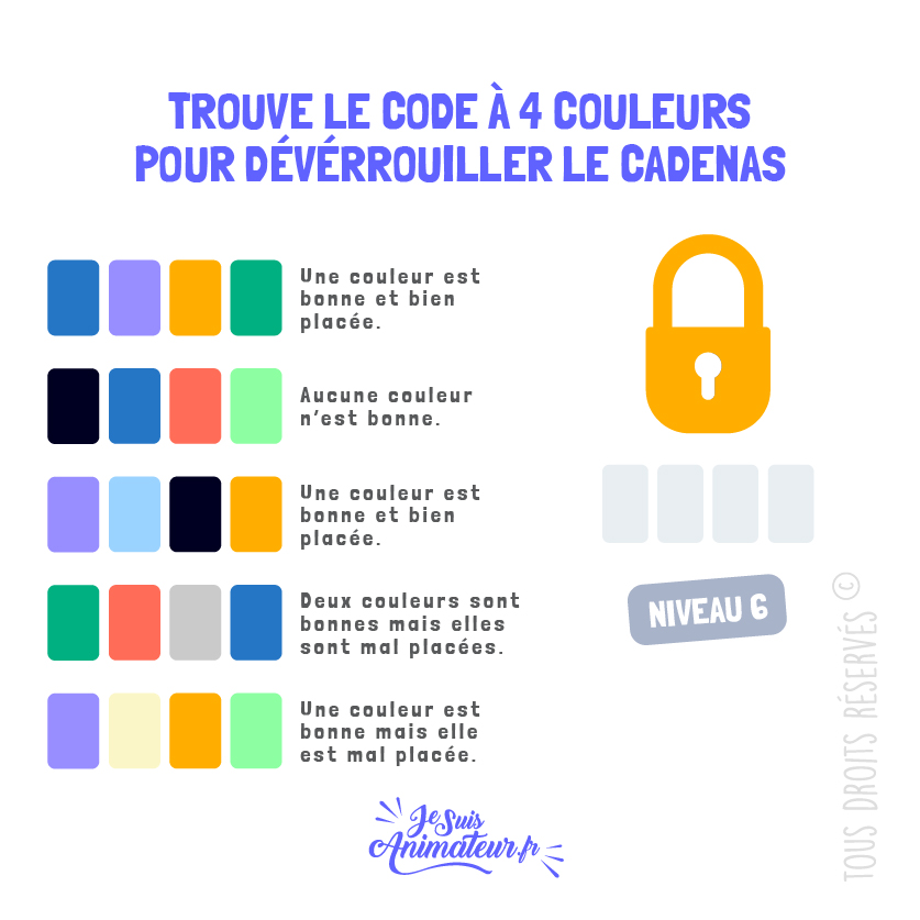 Énigme cadenas 4 couleurs avec solution - niveau 6