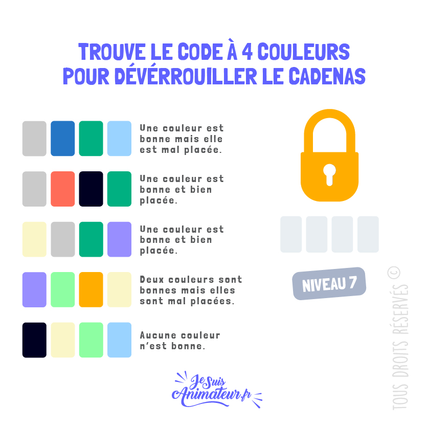 Énigme cadenas 4 couleurs avec solution - niveau 7