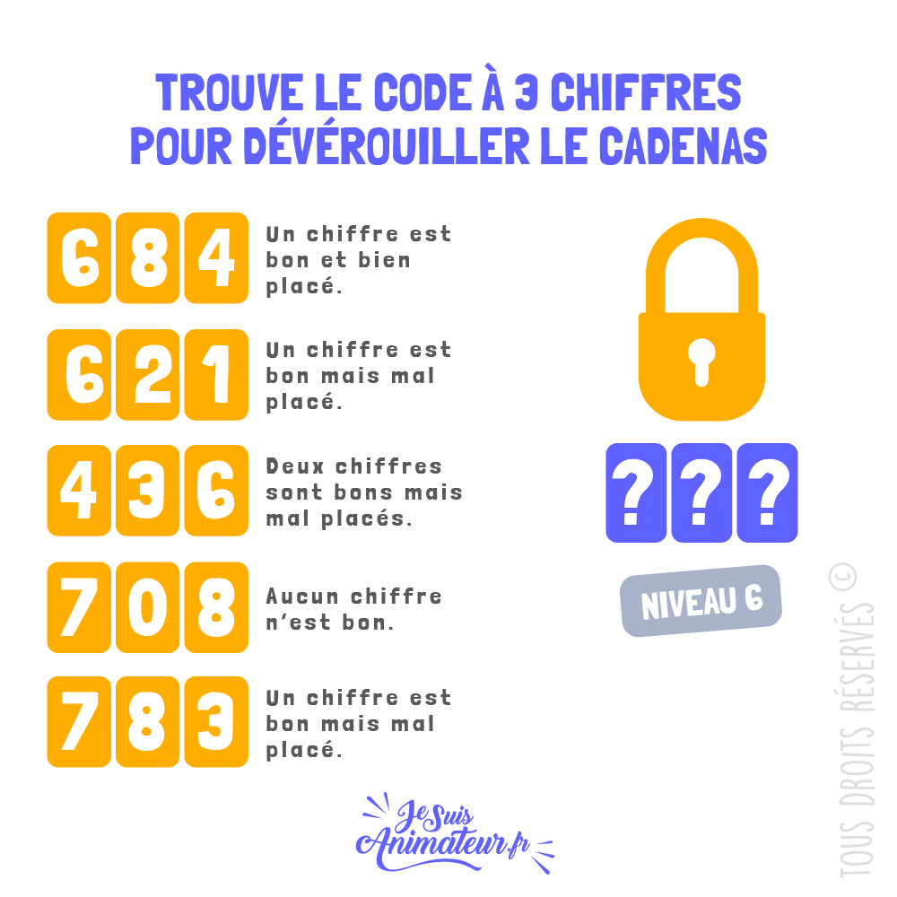 Énigme cadenas 3 chiffres avec solution - niveau 6