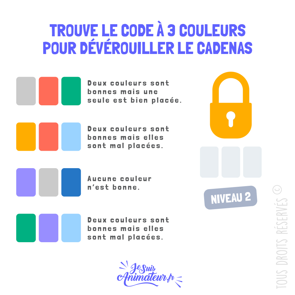 Énigme cadenas 3 couleurs avec solution - niveau 2