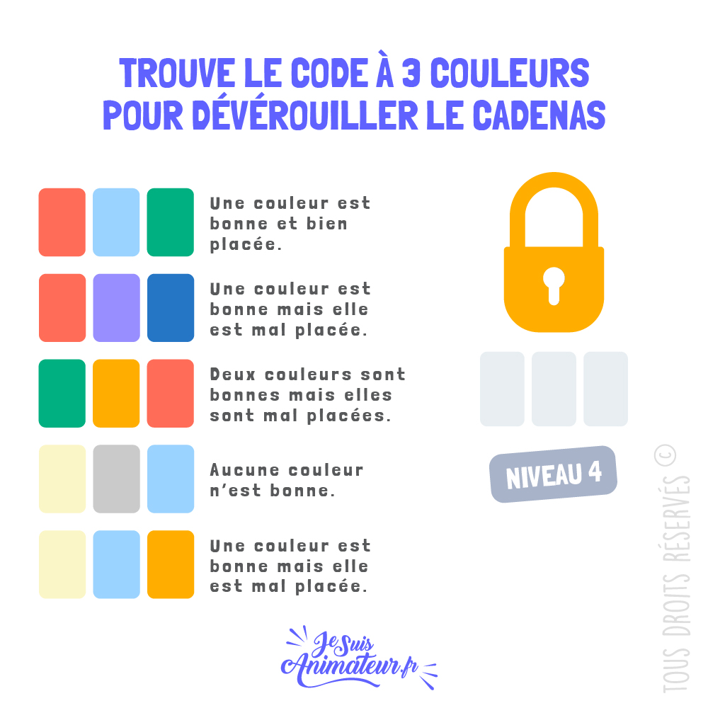 Énigme cadenas 3 couleurs avec solution - niveau 4