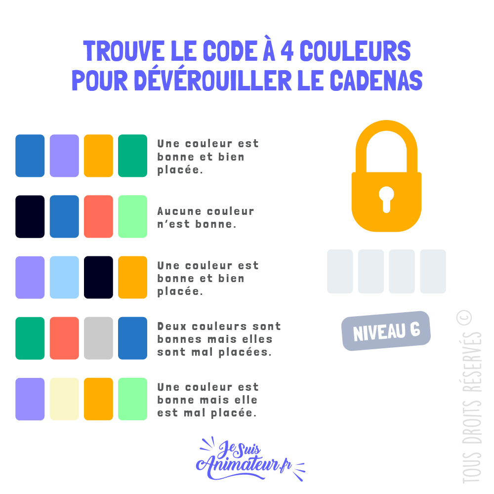 Énigme cadenas 4 couleurs avec solution - niveau 6