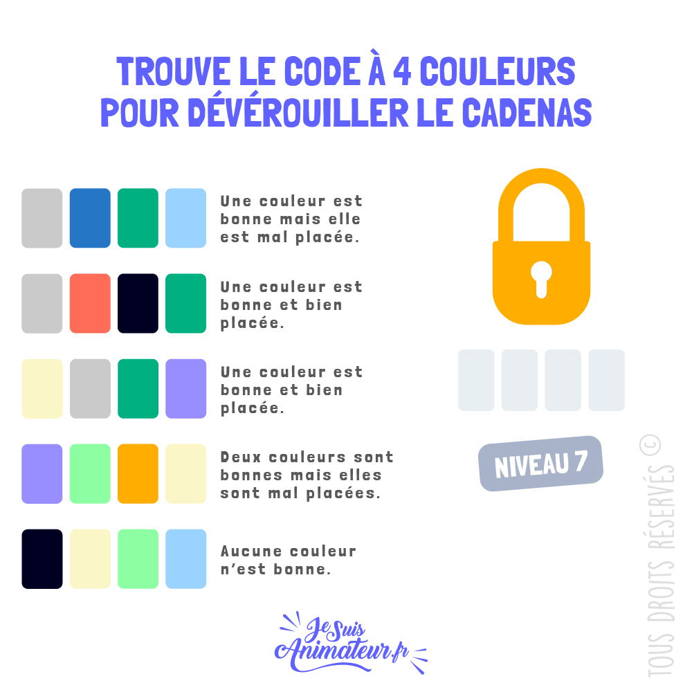 Énigme cadenas 4 couleurs avec solution - niveau 7